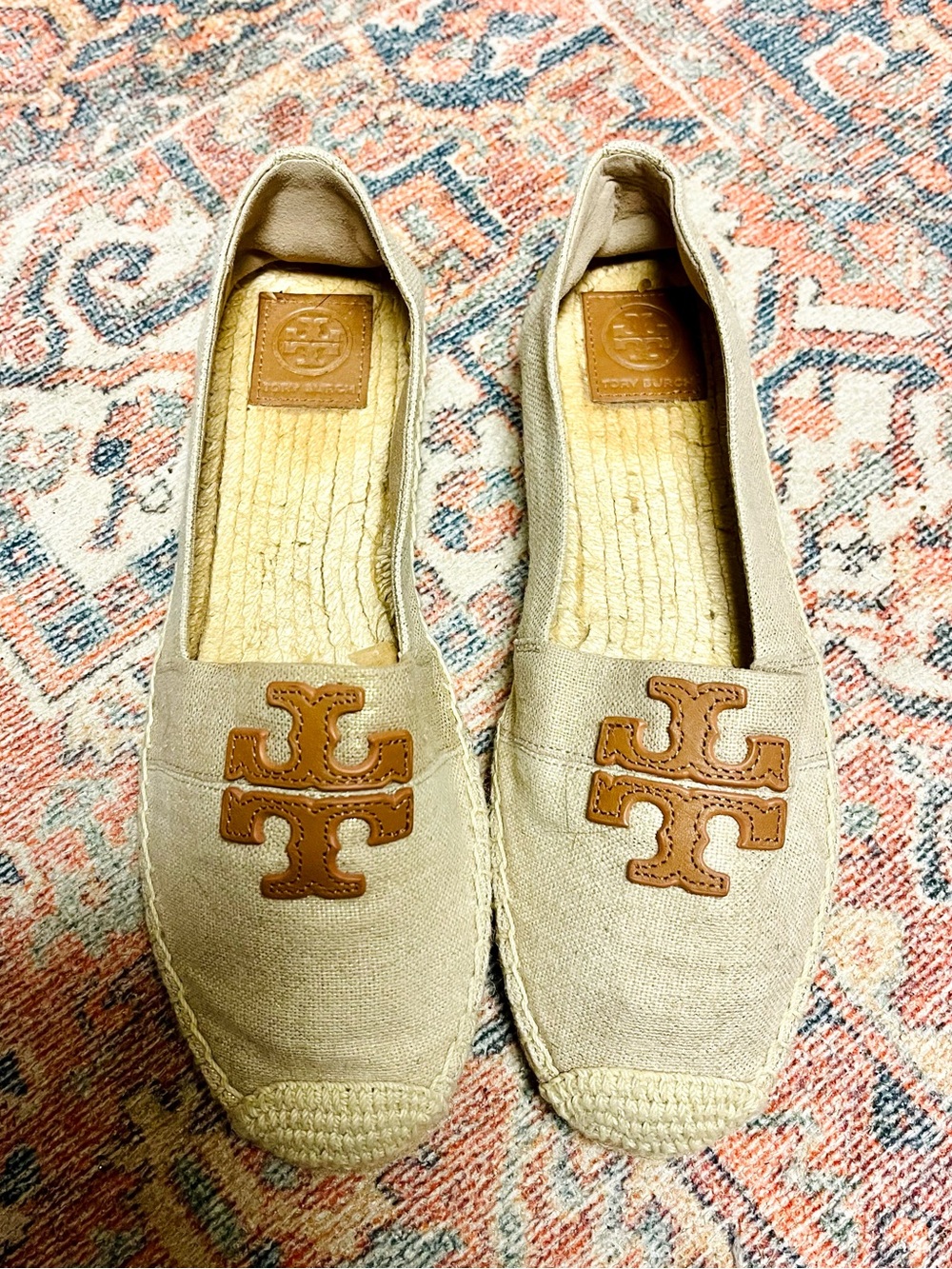 Tory Burch Beige Canvas Weston Espadrille Flats with Tan Logo - Picture 3 of 9